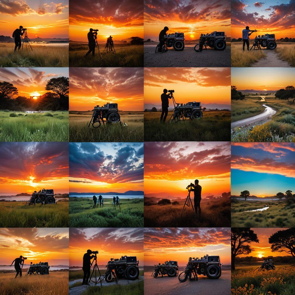 A dynamic scene showcasing a diverse range of photographers in action, capturing stunning landscapes, portraits, and street photography. Include varied camera equipment and accessories, with a colorful sunset in the background to create an inspiring atmosphere. Highlight a collage effect to reflect different genres of photography, combining elements like wildlife, architecture, and macro shots. super-realistic. vibrant colors. dynamic composition.