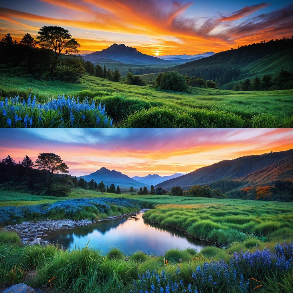 A dramatic comparison of two photos side by side: one a blurry snapshot and the other a stunning, vibrant masterpiece showcasing a breathtaking landscape. The scene should illustrate techniques like composition, lighting, and depth of field. Include an artistic overlay of camera tips and editing tools scattered throughout. The background should be an engaging mix of colors and textures resembling a photographer's workspace. super-realistic. vibrant colors. 3D.