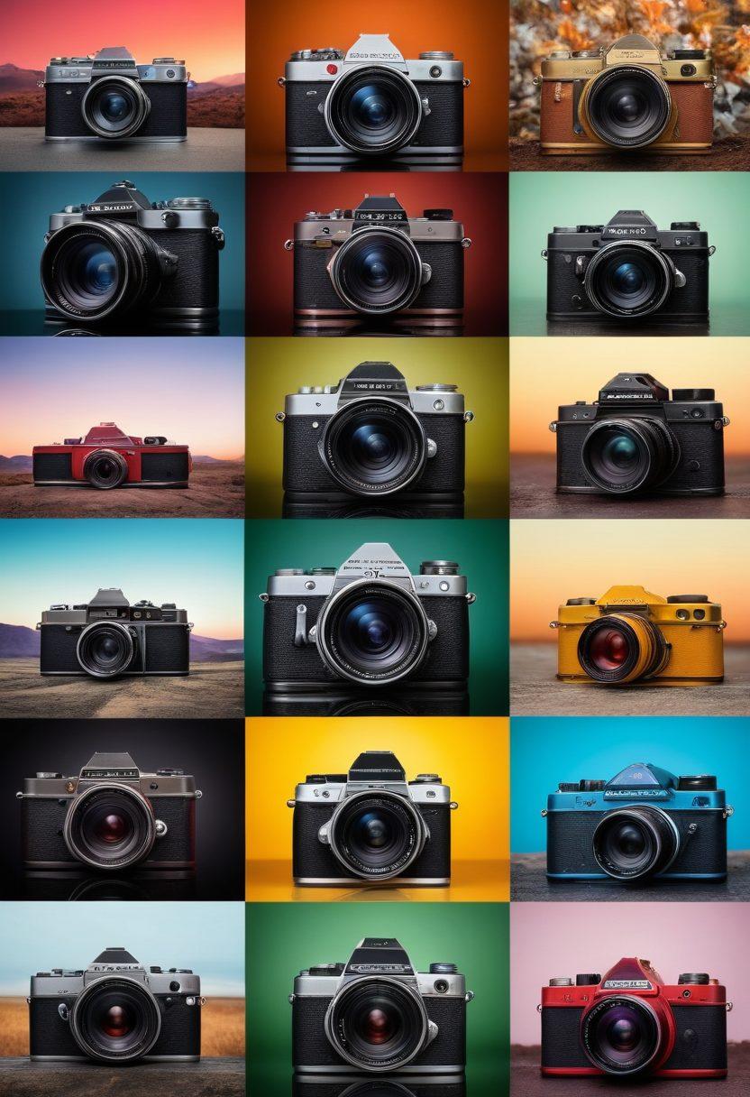 A visually striking collage showcasing different photography genres such as landscape, portrait, street, and macro photography. Each section should feature a captivating photograph illustrating the unique characteristics of the genre, with a camera and lens placed artistically in the foreground. The background should have a gradient blend of colors representing creativity and diversity. super-realistic. vibrant colors. 3D.